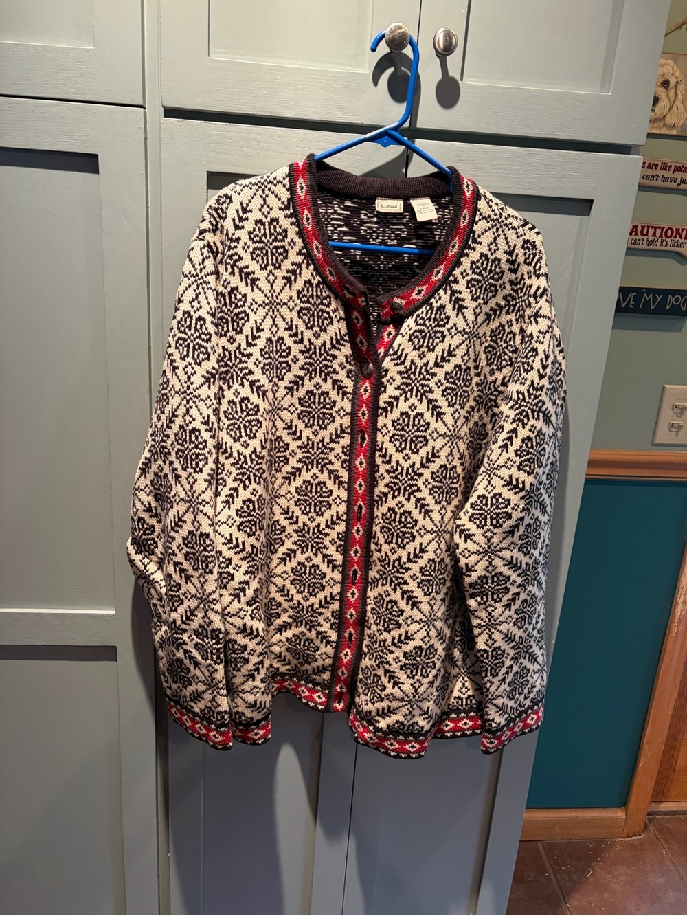 L.L. Bean Black & White Nordic Pattern Cardigan Jacket with Red Trim